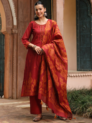 Maroon Jacquard Print 3-Piece Straight Kurta Set
