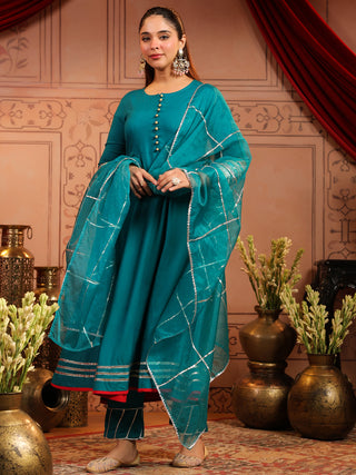 Teal Solid Fit & Flare 3-Piece Anarkali Kurta Set