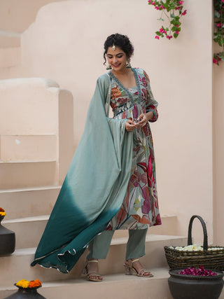 Women Green Chinon Printed A-line Empire Kurta With Trouser And Shaded Dupatta