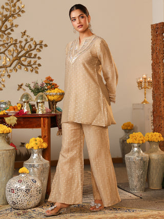 Champagne Beige Woven Butti Tissue Co-Ord Set