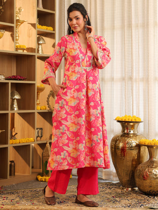 Fuchsia Pink Floral Print A-Line Kurta Set with Pocket