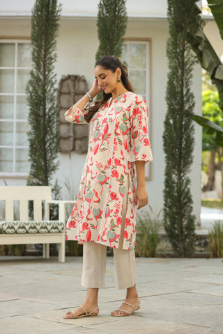 Cream Abstract Print Lace Kurta