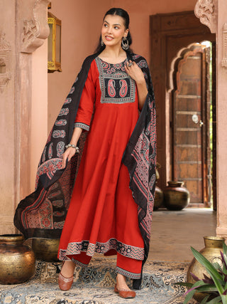 Red Printed 3-Piece Anarkali Kurta Set