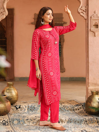 Pink Floral Embroidered Lace 3-Piece Straight Kurta Set