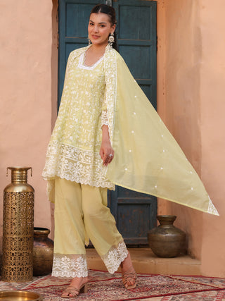 Lime Floral Embroidered Lace 3-Piece Straight Kurta Set