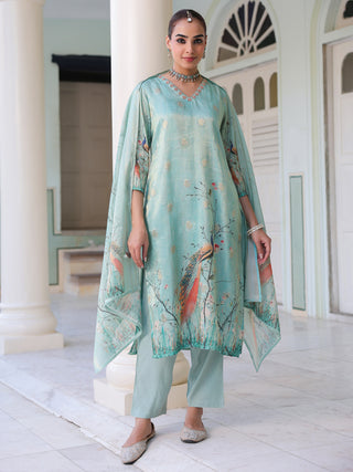 Ethnic Motifs Printed Zari Chanderi Cotton Kurta With Trousers & Dupatta