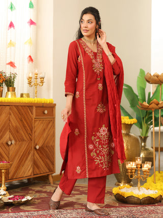 Deep Red Floral Embroidered Cotton Straight Kurta Set