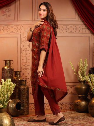 Rust Floral Print 3-Piece Straight Kurta Set