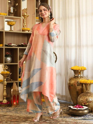 Peach and Pastel Blue Abstract Print Co-Ord Set