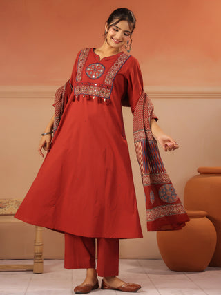 Red cotton solid straight fit kurta set with solid trouser and printed cotton dupatta