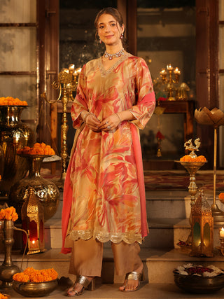 Beige Floral Print Straight Kurta Set with Pocket