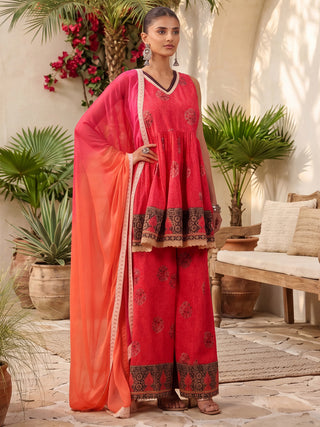 Women Ethnic Motifs Printed Empire Pure Cotton Kurta with Sharara & With Dupatta