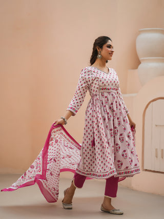 Women Pink Floral Printed Pure Cotton A-line Kurta With Solid Trouser And With Printed Dupatta