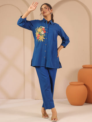 Blue cotton solid shirt style tunic cord set with matching tousers