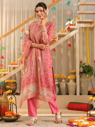 Pink Panel Print Straight Kurta Set with Pant Pocket