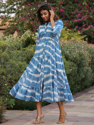 Women Blue Tie and Dye Pure Cotton Fit and Flared Midi Dress