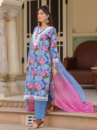 Blue Floral Print Lace 3-Piece Kurta Set