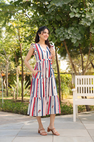 Beige Striped Fit & Flare Dress