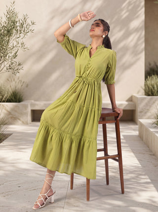 Olive Green Solid Flared Midi Dress with V-Neck Mandarin Collar