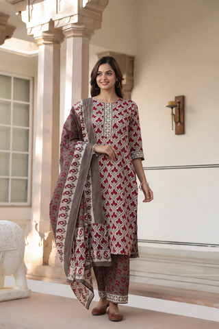 Grey Ethnic Motif Print 3-Piece Kurta Set