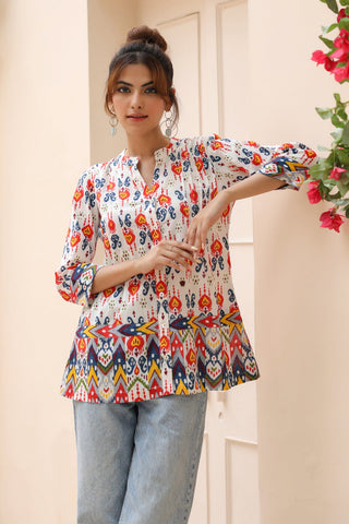 Floral Print Mandarin Collar Cotton Top