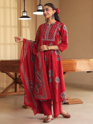 Women Ethnic Motifs Printed Regular Thread Work Pure Cotton Kurta with Trousers & With Dupatta (Copy)