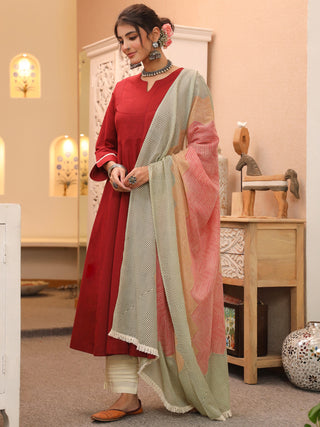 Red Solid Lace 3-Piece Kurta Set