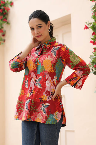 Women Floral Printed Shirt Collar Cotton Top