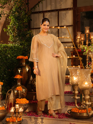 Beige Golden Sequin Tissue A-Line Kurta Set with Pocket