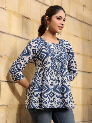 Women Blue Ikat Printed Pure Cotton A-line Tops