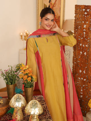Yellow Beaded Chanderi Anarkali Kurta Set with Pocket