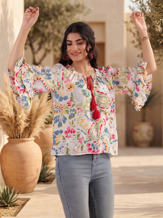 White Paisley Print Rayon Crepe Top