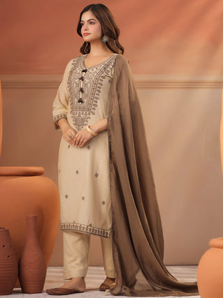 Women Ethnic Motifs Embroidered Regular Thread Work Chanderi Cotton Kurta with Trousers & Dupatta Set