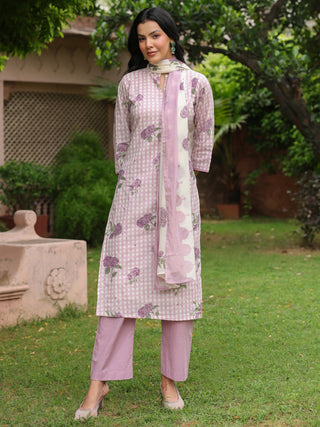 Purple Floral Print 3-Piece Straight Kurta Set