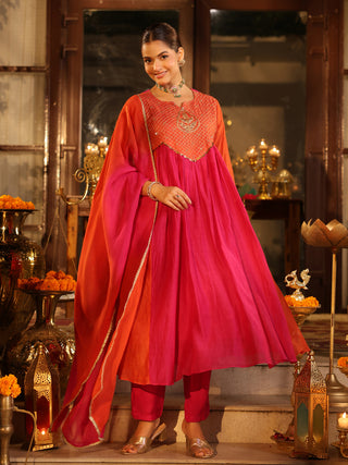 Pink Orange Embroidered Anarkali Kurta Set with Pocket