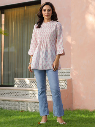 White Ethnic Motif Print Ruffle Top