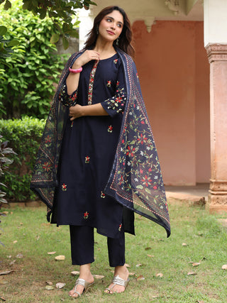 Navy Blue Floral Embroidered 3-Piece Straight Kurta Set