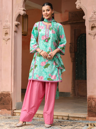 Mint Green Floral Print Straight 3-Piece Kurta Set
