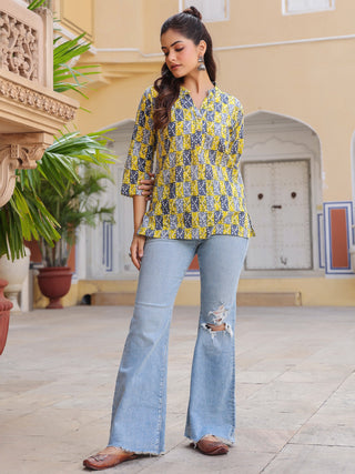 Print Mandarin Collar Cotton Top