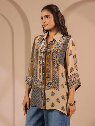Beige ethnic printed crepe shirt