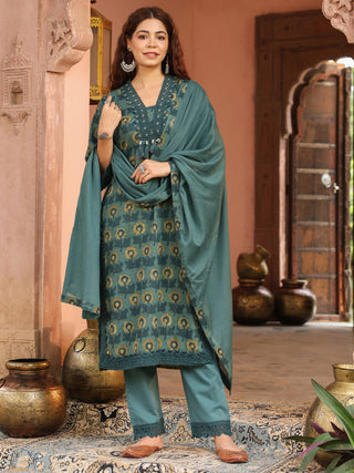 Teal Floral Print 3-Piece Straight Kurta Set