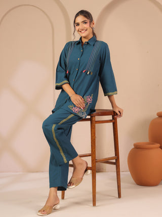 Teal blue solid embroidered cord set with shirt style tunic and matching trouser