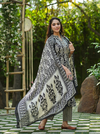 Women Black Ikat Printed Pure Cotton Straight Kurta With Printed Trouser And Printed Dupatta