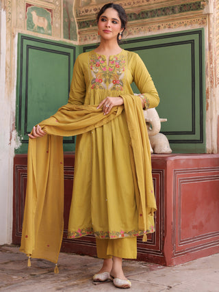Floral Embroidered Mirror Work Pure Cotton Kurta With Trouser & Dupatta