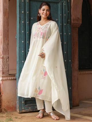 White Floral Embroidered 3-Piece Anarkali Kurta Set
