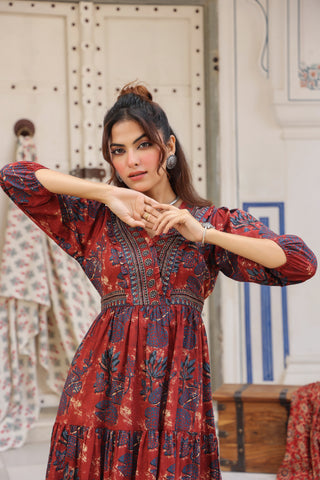 Printed V-Neck Fit and Flare Ethnic Dresses