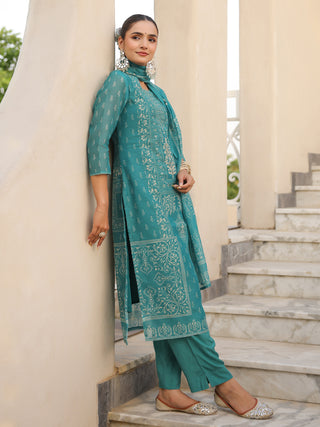 Teal Ethnic Motif Print 3-Piece Straight Kurta Set