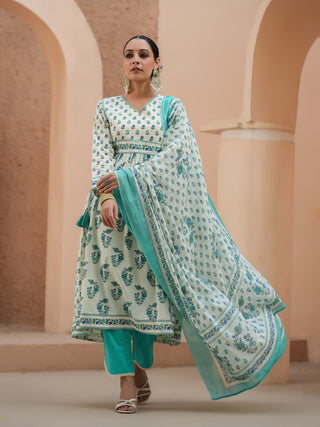 Women Teal Floral Printed Pure Cotton A-line Kurta With Solid Trouser And With Printed Dupatta