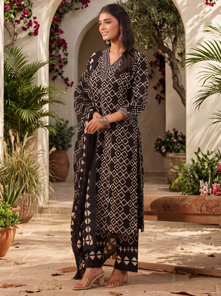 Black Geometric Print Embroidered 3-Piece Straight Kurta Set