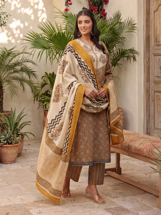 Mustard Printed Embroidered 3-Piece Kurta Set